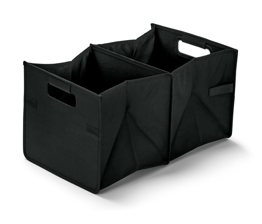 Czarny składany organizer do samochodu z trzema przegródkami i uchwytami.