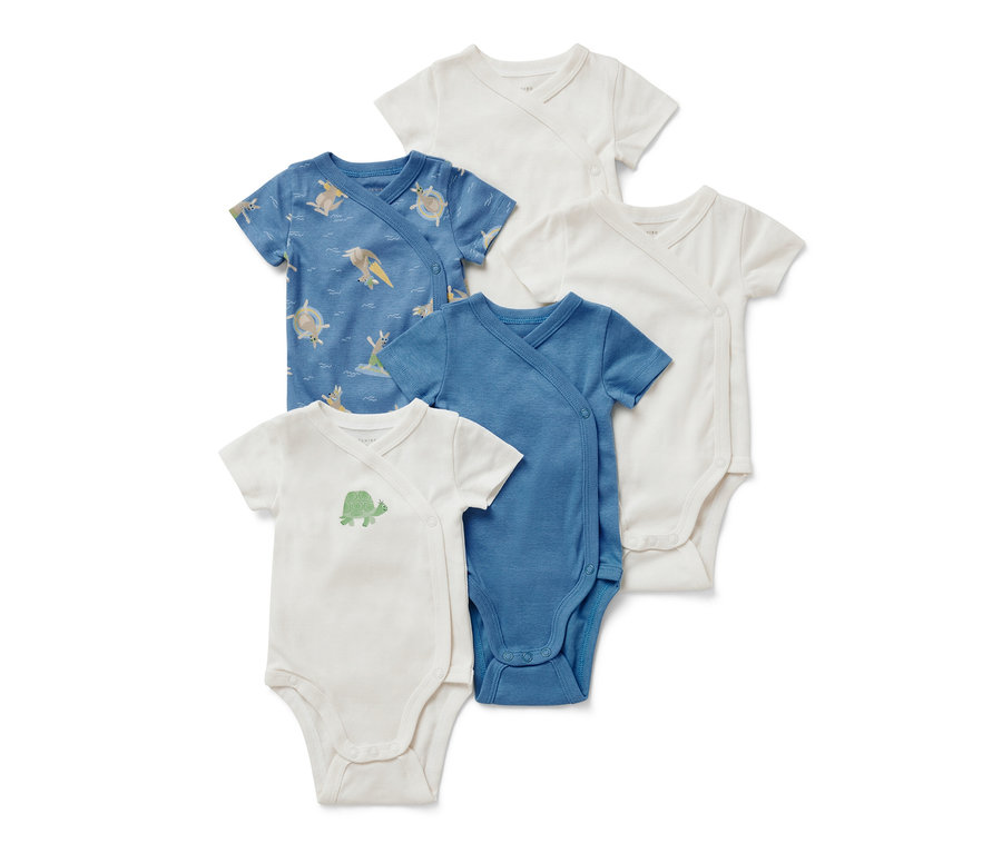Pięć body z krótkim rękawem dla niemowląt w kolorze białym, niebieskim oraz z nadrukiem żółwi i kangurów.
