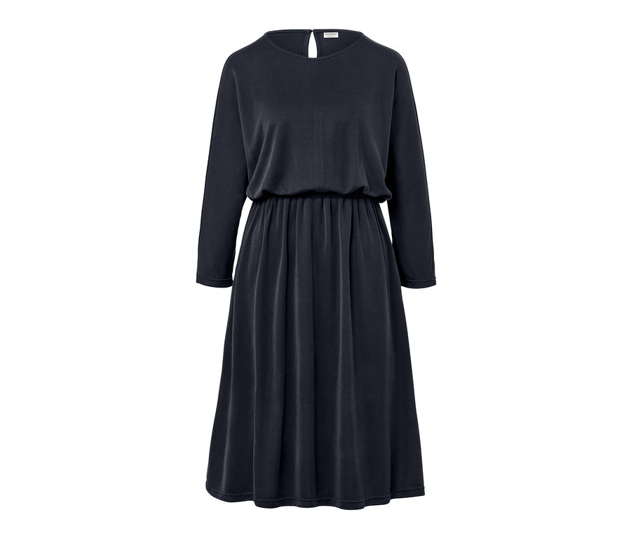 Granatowa sukienka dżersejowa o splocie piqué.