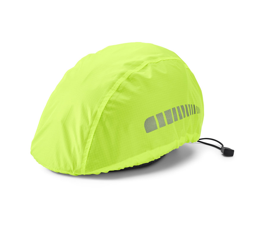 Neonowożółty pokrowiec na kask rowerowy z odblaskowym paskiem.
