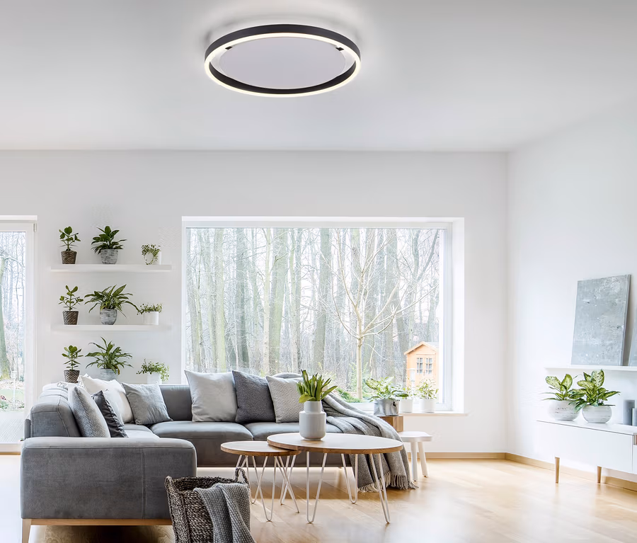 Salon z szarą kanapą i lampą sufitową LED JUST LIGHT . LED Deckenleuchte »Ritus«.