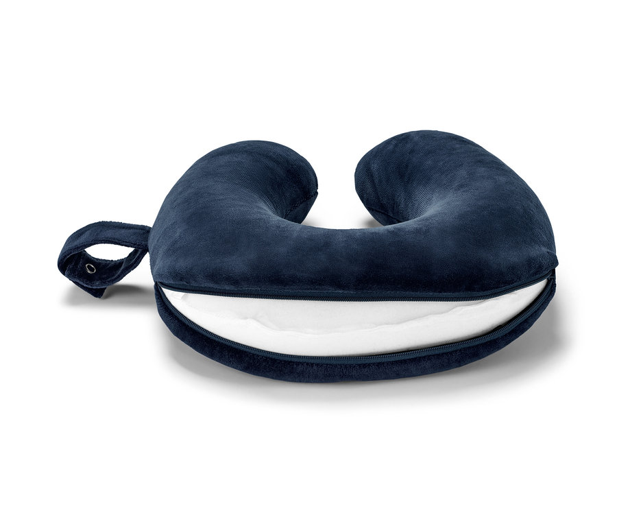 Granatowa poduszka pod kark z pianki memory foam z zamkiem błyskawicznym.
