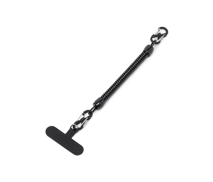 Czarny łańcuszek zabezpieczający do smartfona.