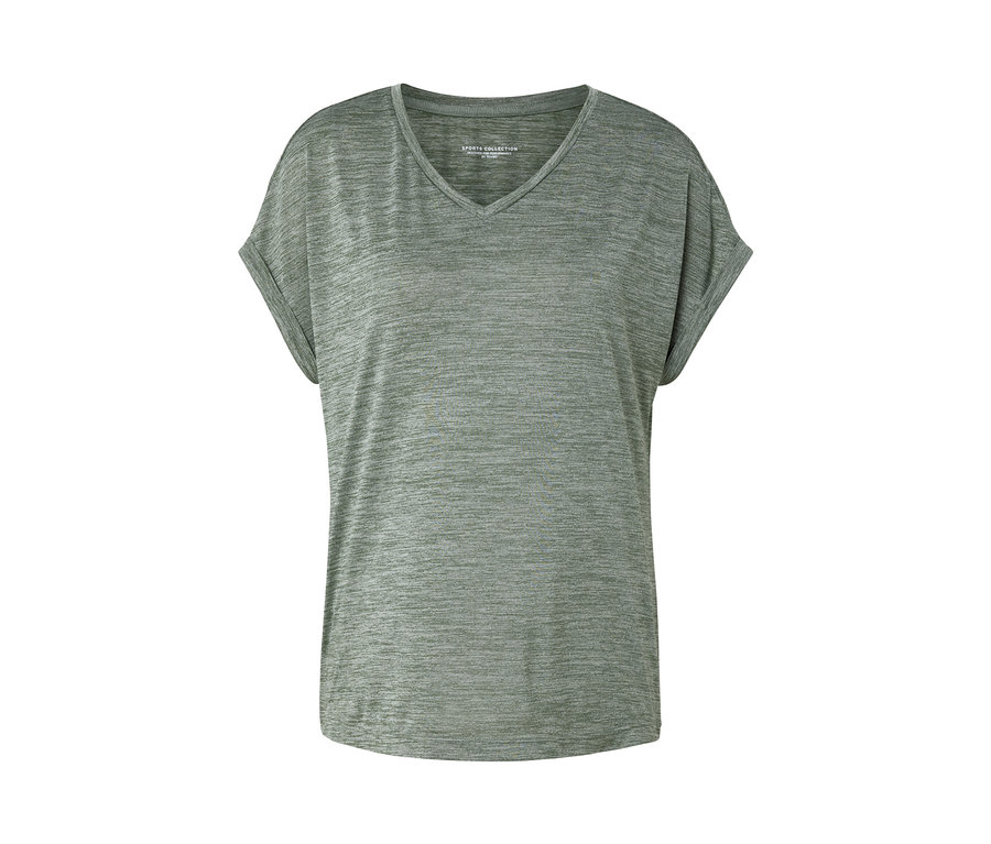 Koszulka funkcyjna khaki z dekoltem w serek i krótkimi rękawami.