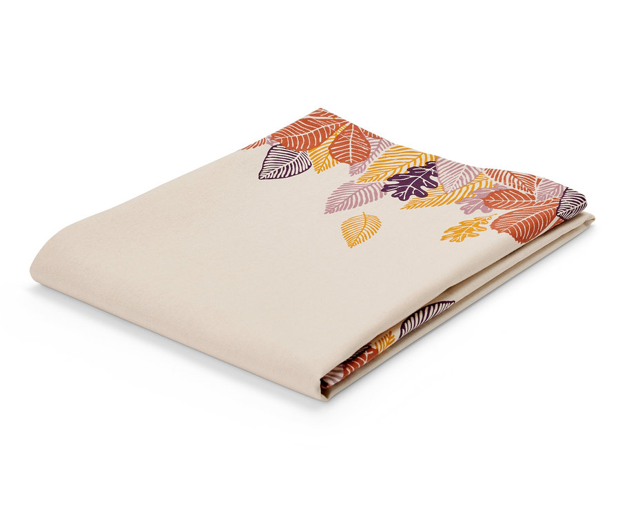 Złożona beżowa tkanina z nadrukiem liści w odcieniach pomarańczy, fioletu i żółci.