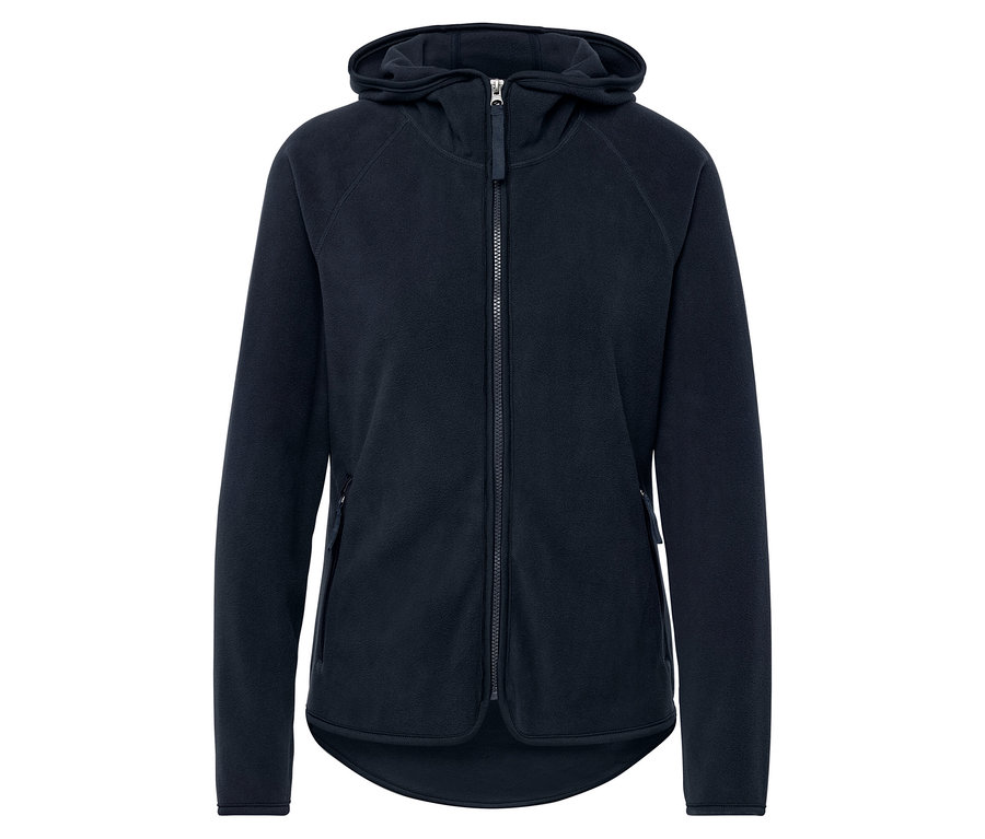 Granatowa kurtka polarowa z kapturem i zamkiem błyskawicznym.