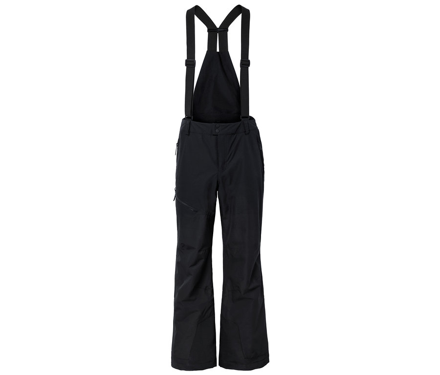 Czarne spodnie narciarskie na szelkach.