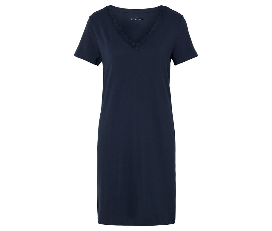 Granatowa koszula nocna z dekoltem w serek i krótkimi rękawami, ozdobiona koronką.