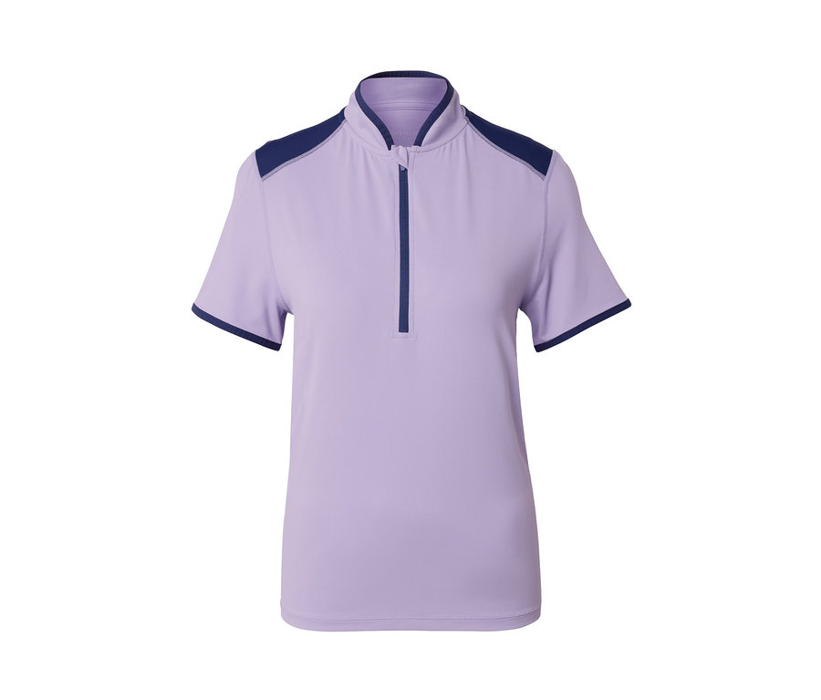 Liliowa koszulka rowerowa z krótkim rękawem.
