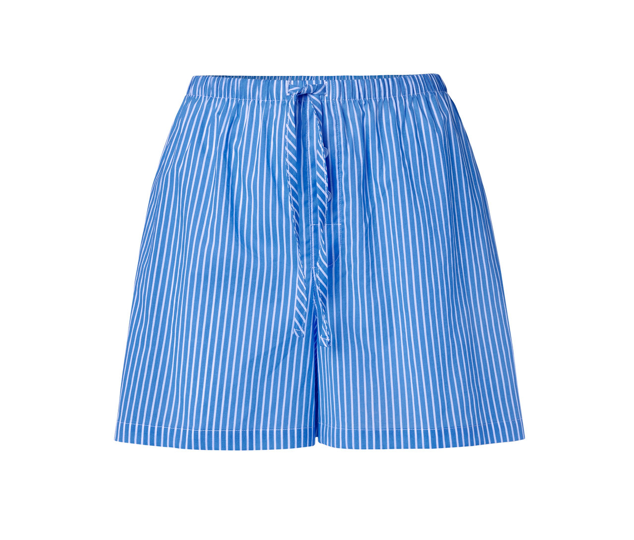 Niebieskie tkane szorty w białe paski ze sznurkiem w pasie.