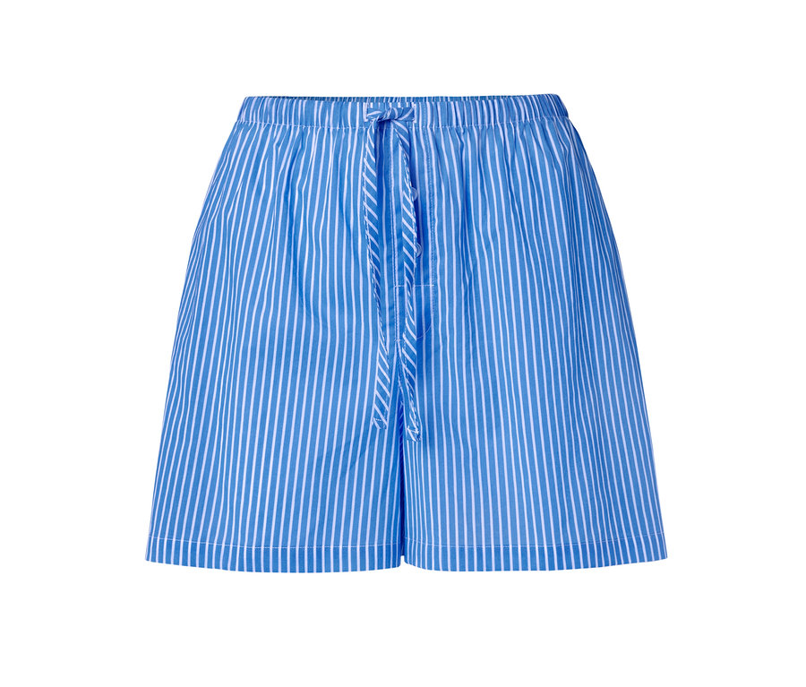 Niebieskie tkane szorty w białe paski ze sznurkiem w pasie.