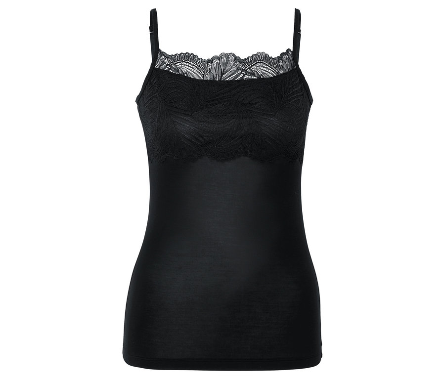 Czarny top na ramiączkach z koronką u góry.