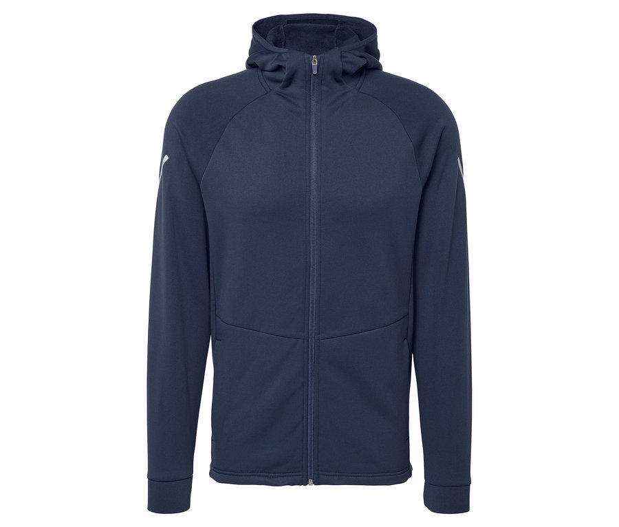 Granatowa kurtka termoaktywna z kapturem i zamkiem błyskawicznym.