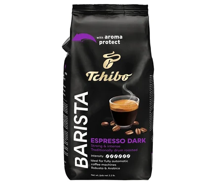 Czarne opakowanie kawy BARISTA Espresso Dark z ilustracją filiżanki espresso.