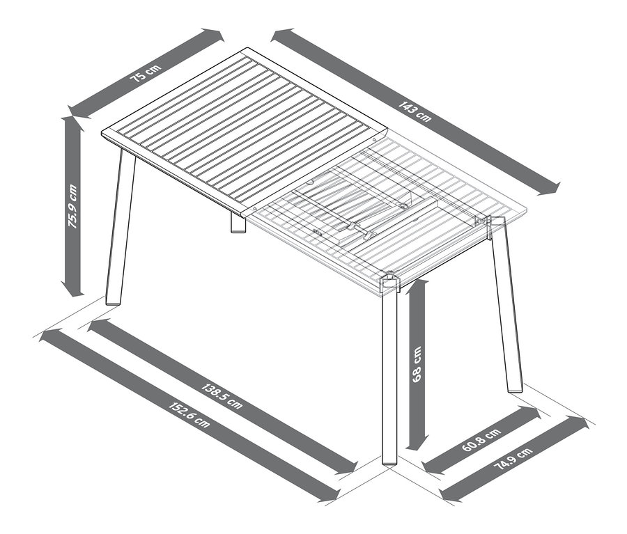 Rozsuwany stół „Liska” z oznaczonymi wymiarami.