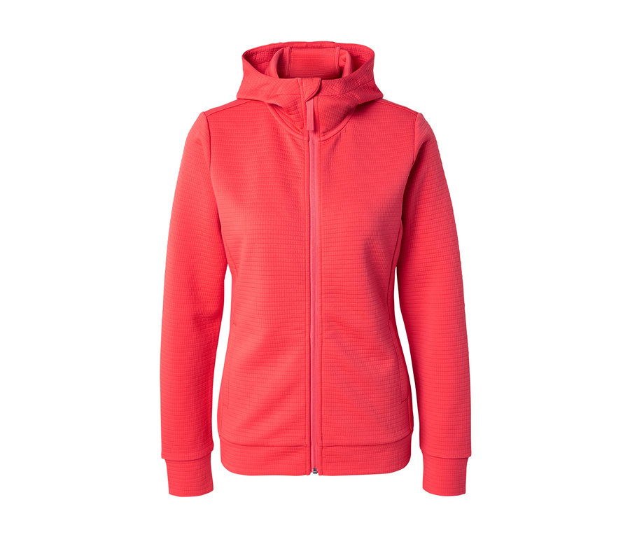 Czerwona bluza z kapturem zapinana na zamek błyskawiczny.