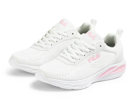 Dwa białe sneakersy damskie FILA Specctris z różowym logo i akcentami, ustawione obok siebie.