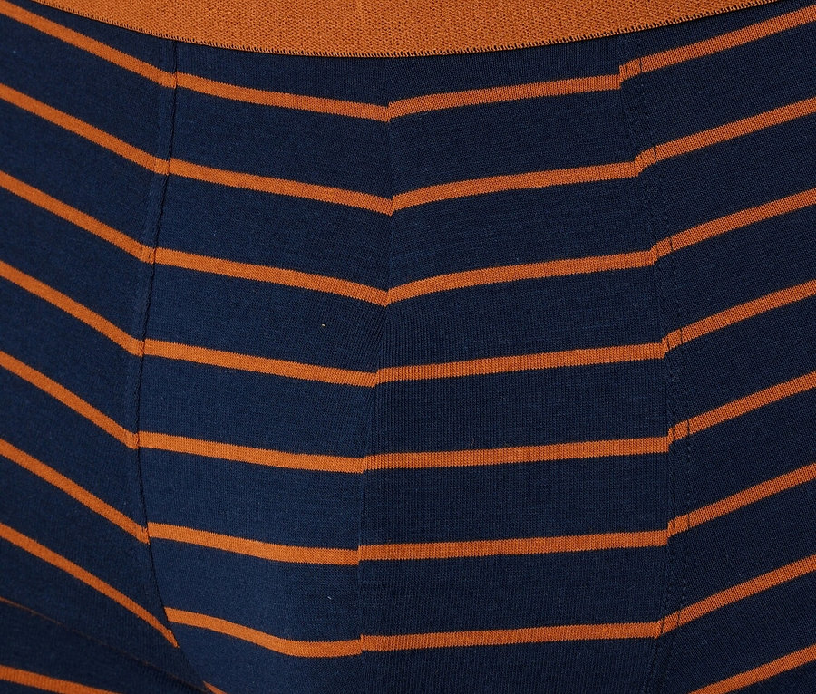 Szczegółowy widok w paski męskich bokserek marki Schiesser z brązowym pasem.