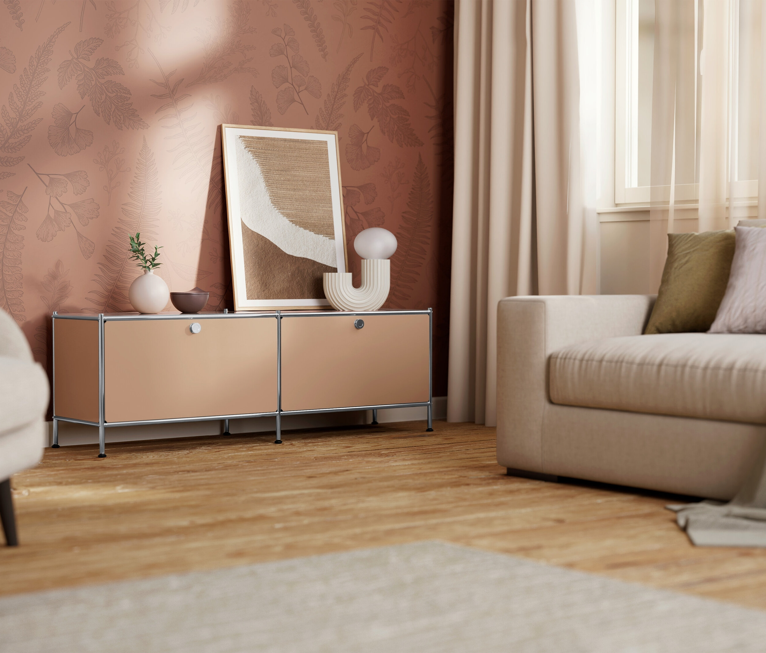 Pokój dzienny z beżową komodą, obrazem i sofą.