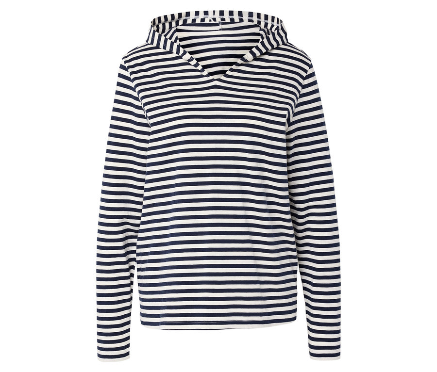 Dżersejowa bluza z kapturem w granatowo-białe paski na całej powierzchni.