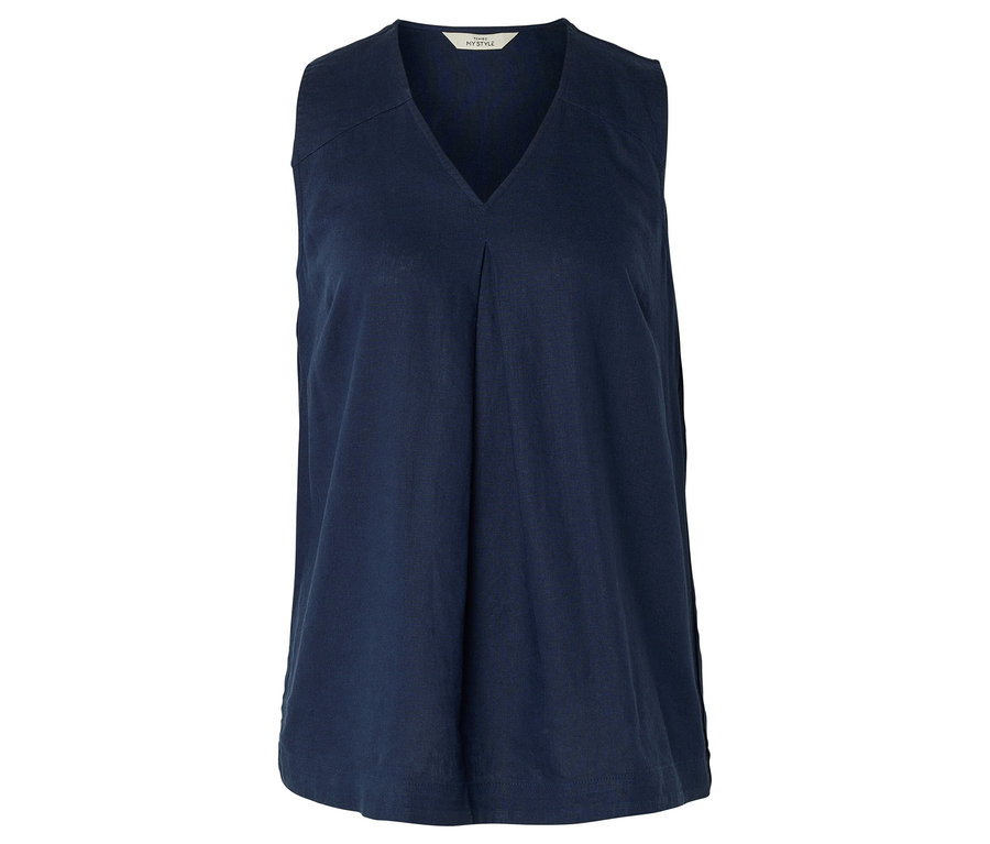 Granatowa bluzka bez rękawów z dekoltem w serek leży na białym tle.