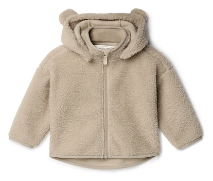 Beżowa kurtka z polaru teddy z kapturem i uszami misia.