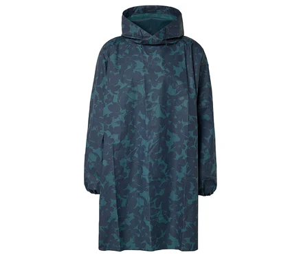 Niebiesko-zielone poncho przeciwdeszczowe w kwiaty z kapturem.