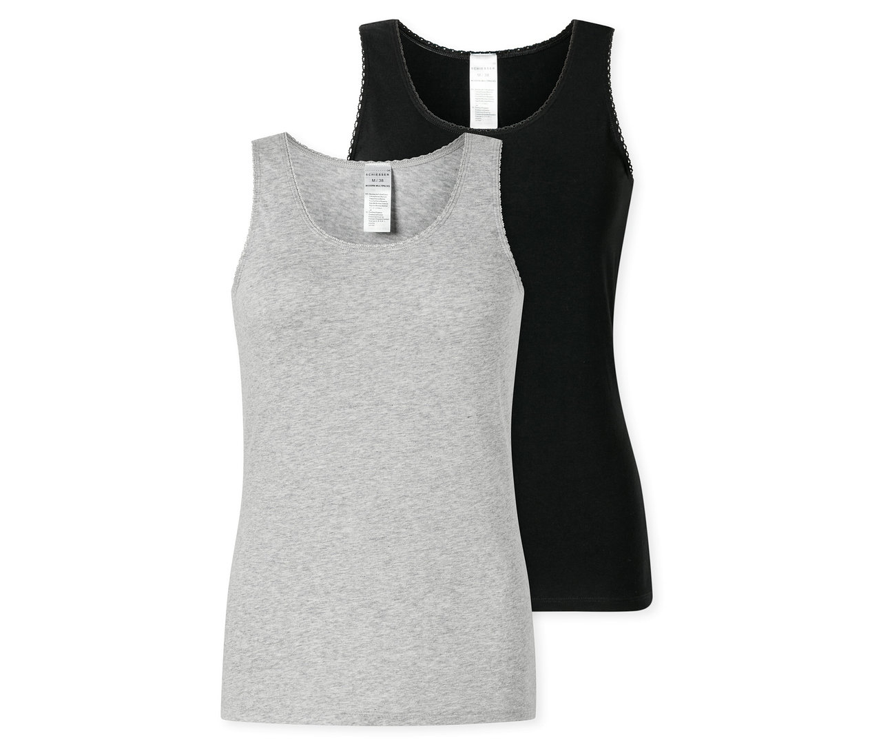 Dwa topy SCHIESSER, jeden szary i jeden czarny, leżą na sobie. Oba mają cienkie ramiączka i koronkową krawędź.