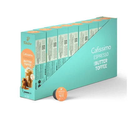Rząd opakowań kapsułek Cafissimo Flavoured Espresso - Buttertoffee w turkusowym opakowaniu.