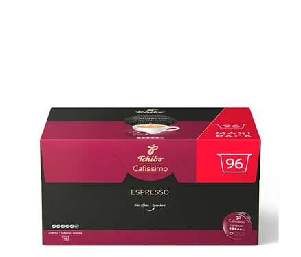 Czerwono-czarne opakowanie Tchibo Cafissimo Espresso Intense Aroma z 96 kapsułkami kawy, z filiżanką espresso i wskaźnikiem intensywności.