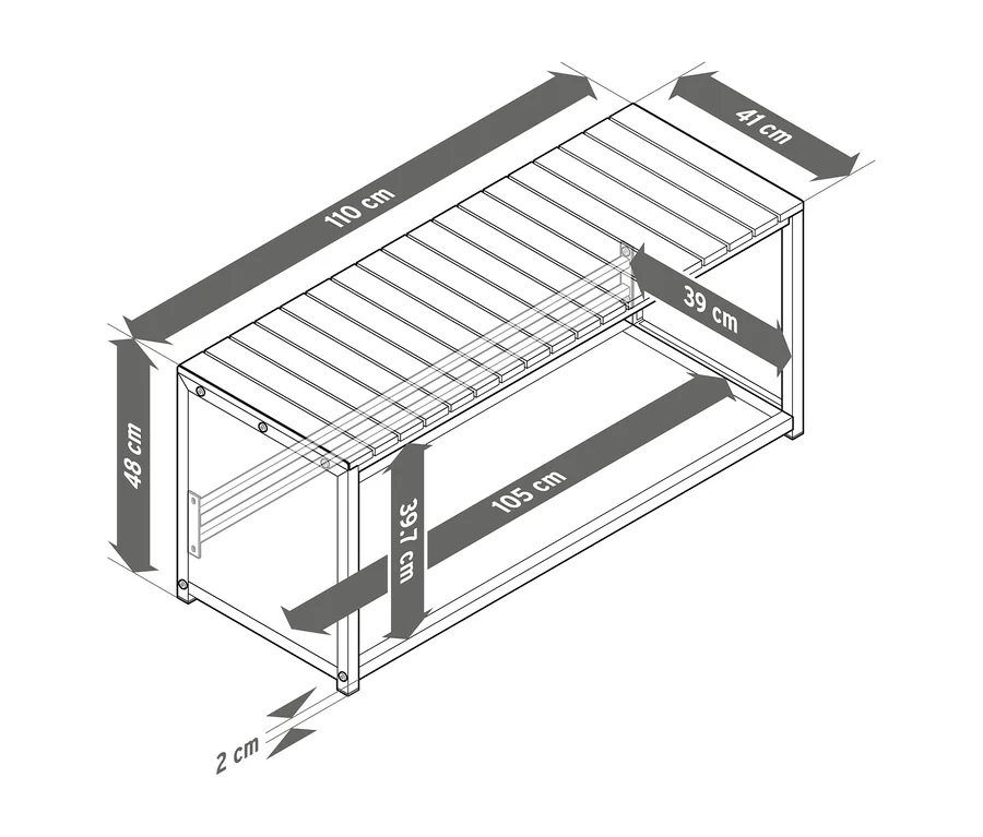 Rysunek techniczny ławki na drewno do kominka o długości 110 cm, z listwowym blatem. Ławka ma 110 cm długości, 48 cm wysokości i 41 cm głębokości. Przestrzeń do przechowywania ma 105 cm długości, 39,7 cm wysokości i 39 cm głębokości.