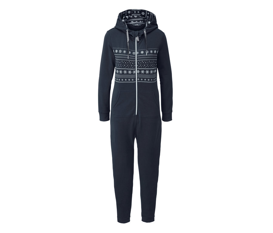 Granatowy damski kombinezon rekreacyjny z dzianiny dresowej z kapturem i białym wzorem w płatki śniegu.