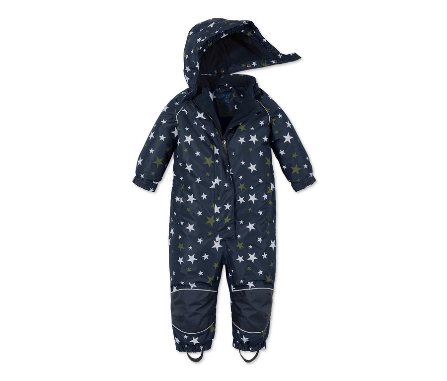 Niebieski kombinezon zimowy we wzór w gwiazdy.