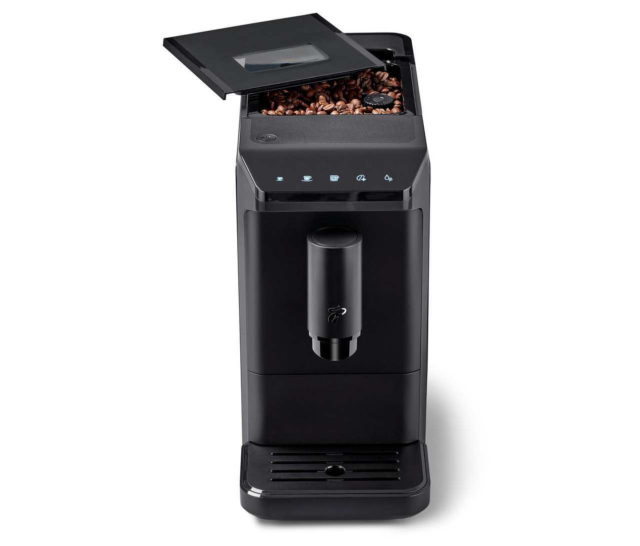 Czarny ekspres do kawy »Esperto mini« z otwartym pojemnikiem na ziarna kawy.