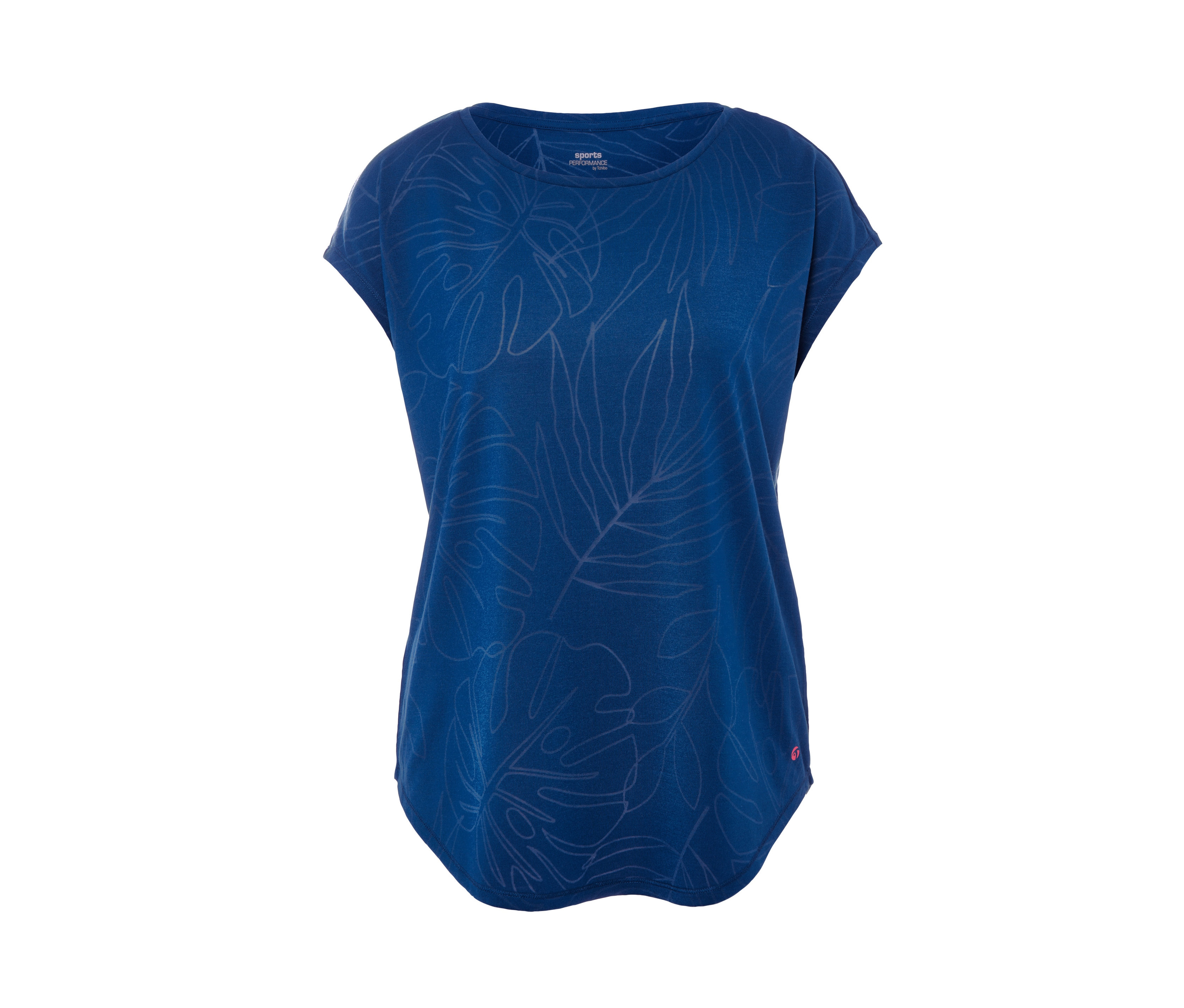 Tchibo - Damska koszulka sportowa z kimonowymi rękawami i zaokrąglonym brzegiem- niebieski/z nadrukiem