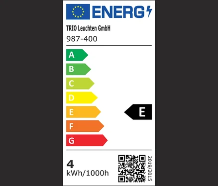 Etykieta energetyczna z klasami od A do G, przy czym produkt należy do klasy E.