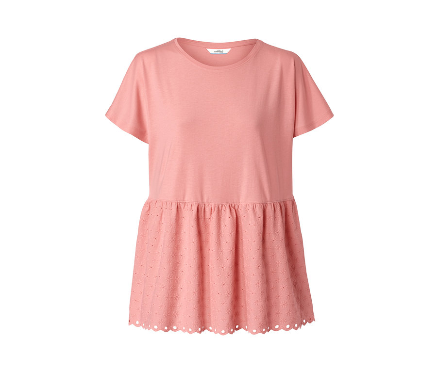 Koralowa bluzka z mieszanki materiałowej z haftem.