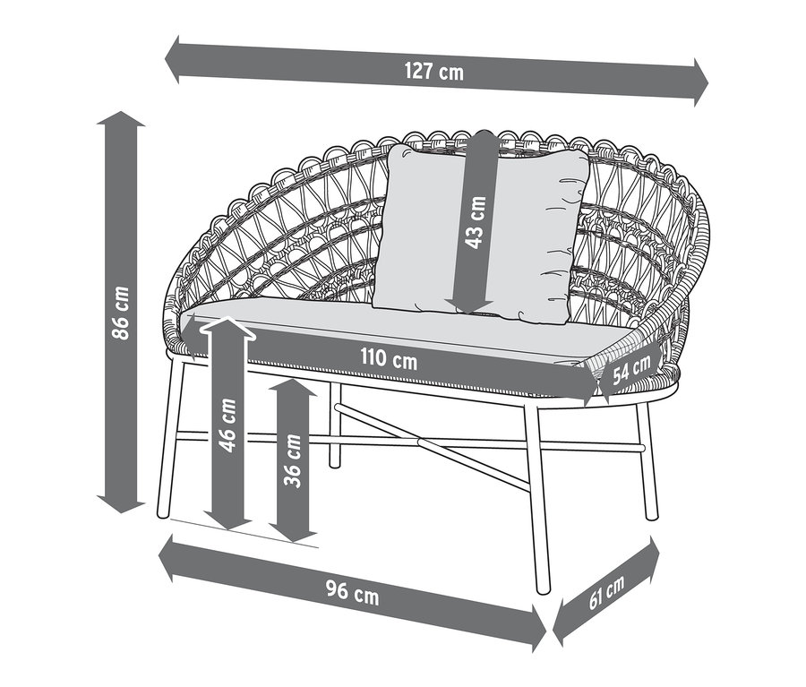 Wymiary stylowej ławki ogrodowej z plecionką polirattanową.