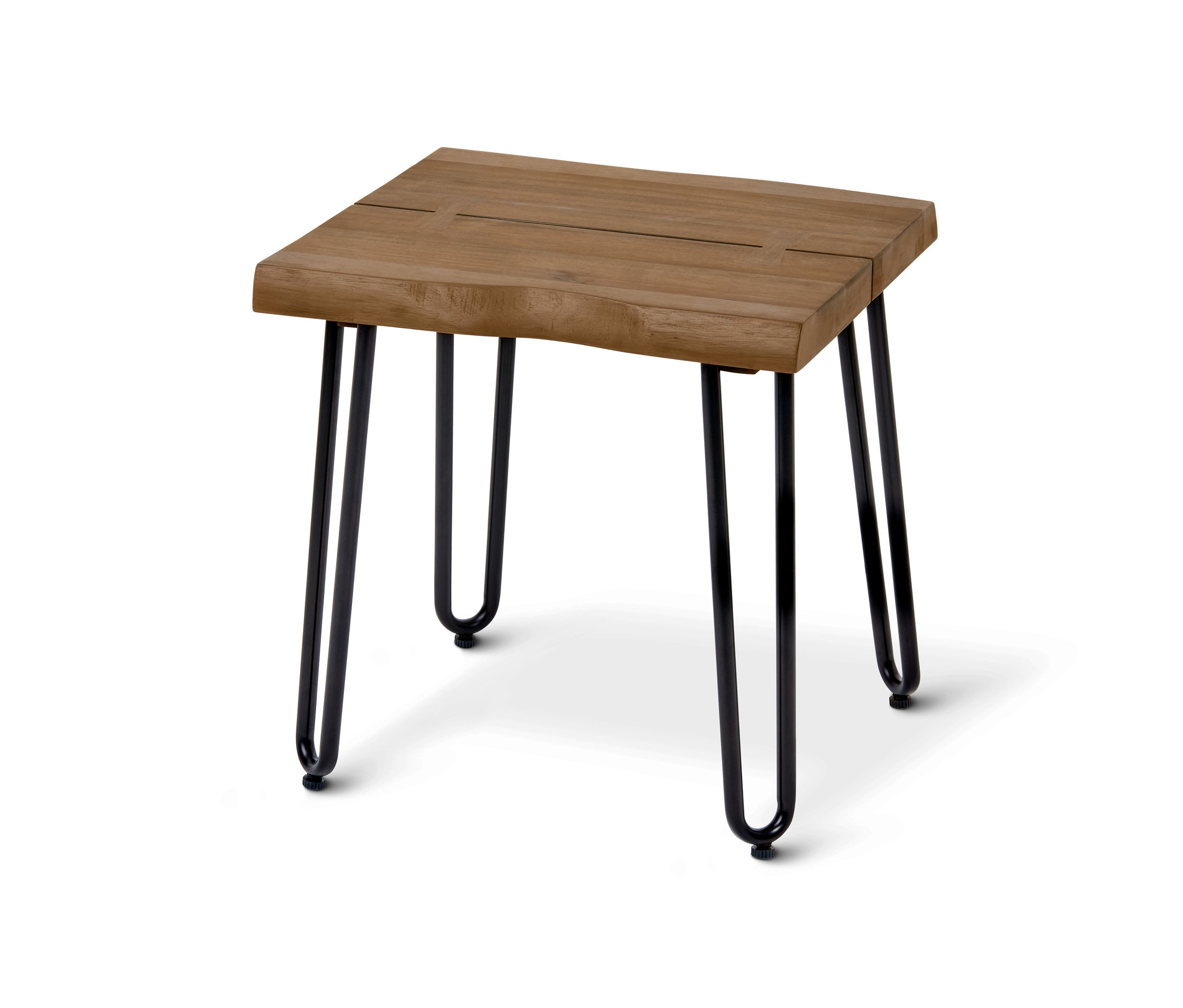 Stolik ogrodowy z blatem i metalowymi nogami.