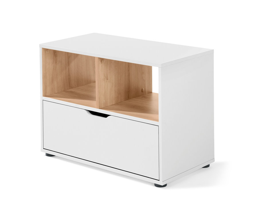 Biała szafka z szufladą i drewnianymi półkami.