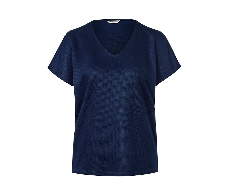 Granatowa koszulka z krótkim rękawem i dekoltem w serek.
