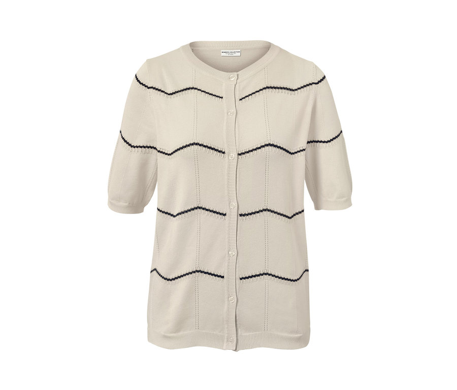 Beżowy kardigan z cienkiej dzianiny z ażurowym wzorem.