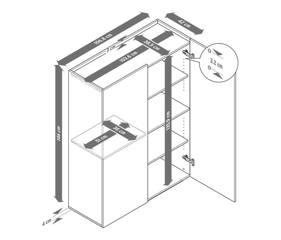 Wymiary szafy typu highboard są pokazane za pomocą strzałek.