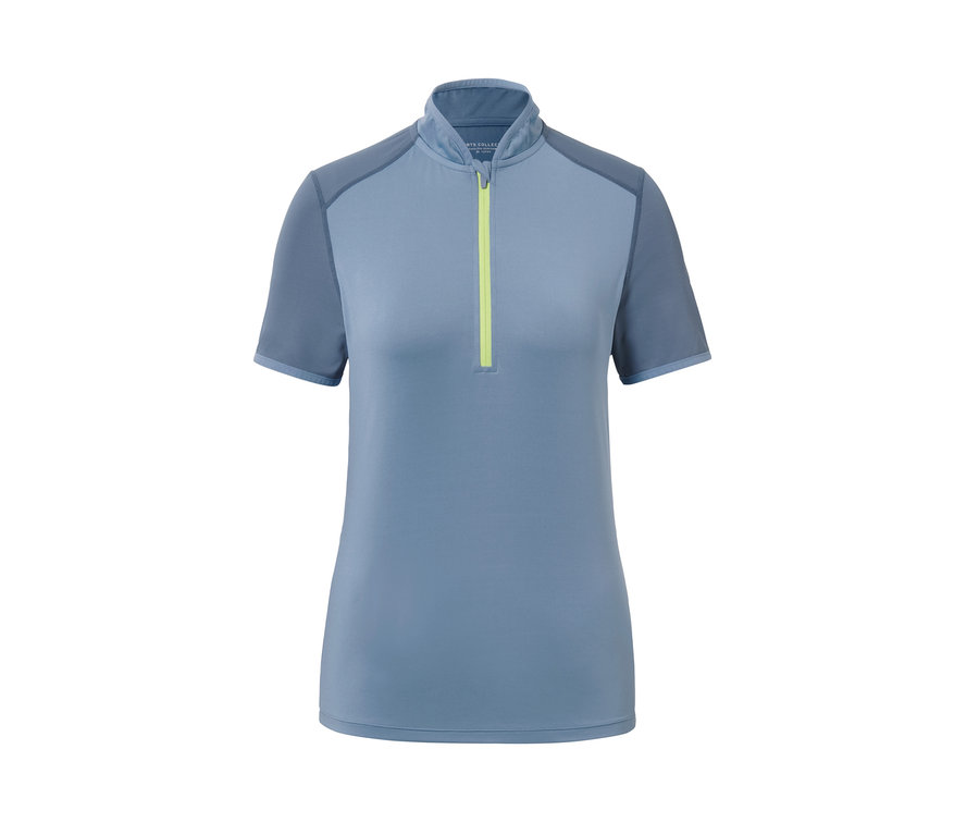Niebieska koszulka rowerowa z krótkim rękawem i żółtym zamkiem błyskawicznym.