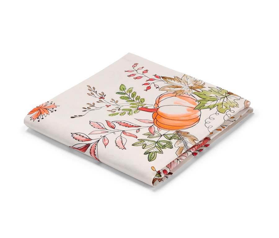 Złożony obrus, ok. 90 x 90 cm, z motywem dyni i liści.