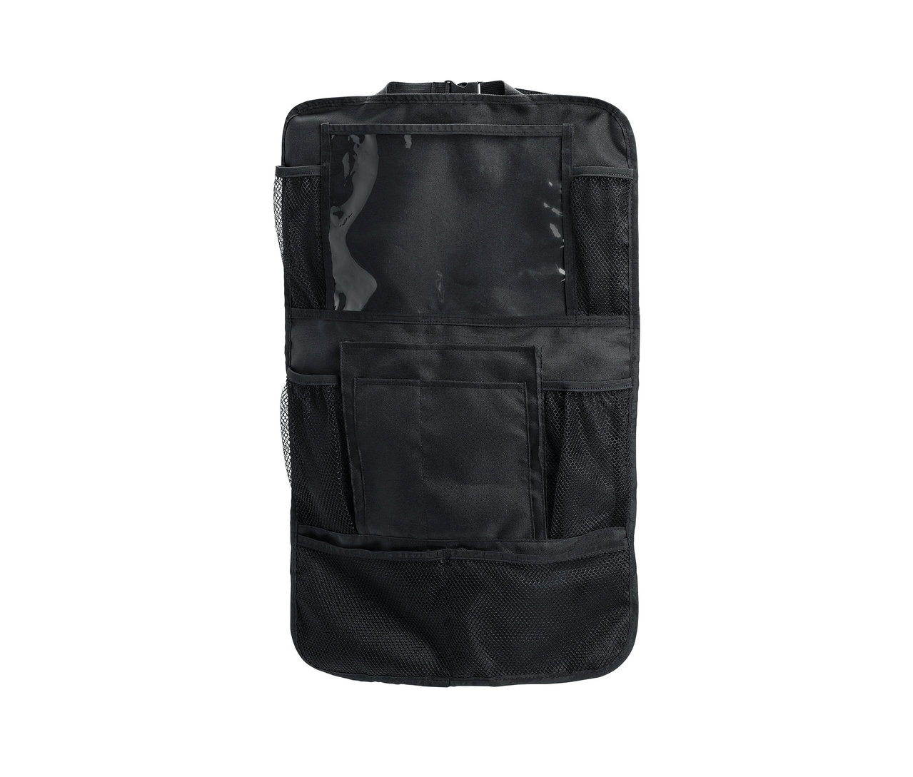 Czarny organizer na oparcie fotela z kieszeniami o różnych rozmiarach.