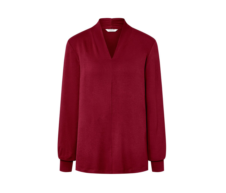 Bordowa bluzka z długim rękawem i dekoltem w serek.