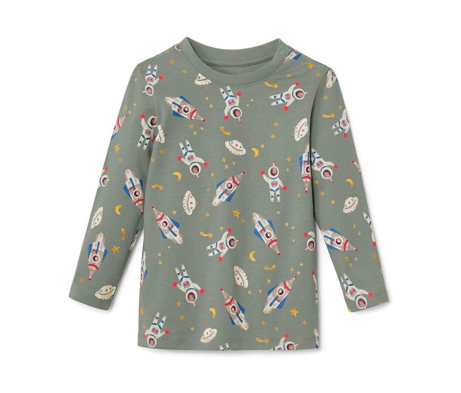 Zielona koszulka z długim rękawem z motywem kosmosu.