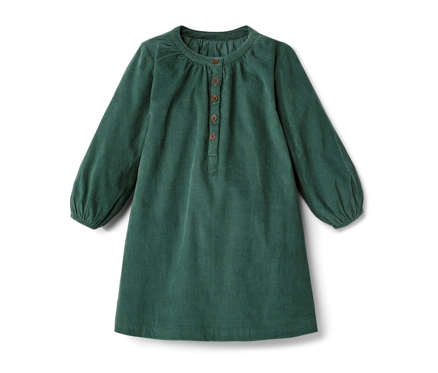 Zielona sztruksowa sukienka dla małych dzieci z długimi rękawami i guzikami.