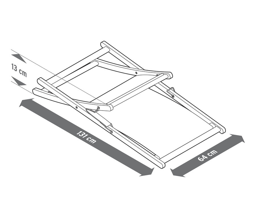 Ilustracja składanego fotela relaksacyjnego o wymiarach 131 cm długości i 64 cm szerokości.